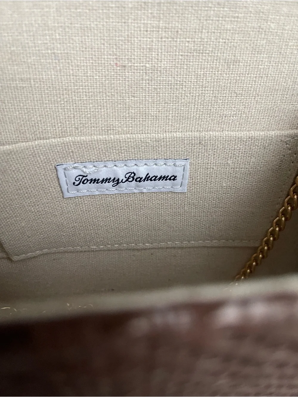 Tommy Bahama Woven Chocolate Brown Handbag  Bamboo Top Handles & GoldChain Strap